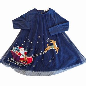 Mini Boden Christmas Dress Size 7-8 Tulle Navy Santa Sleigh Stars Twirl Holiday